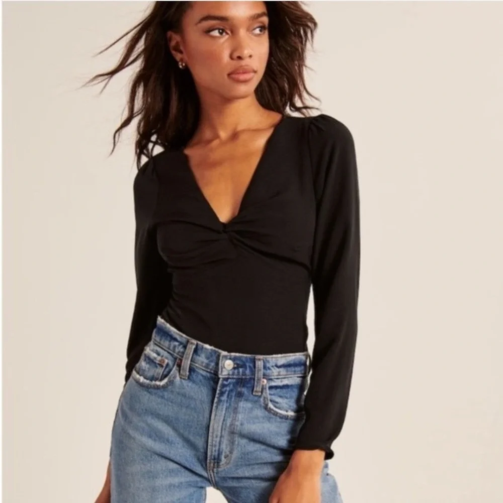 Abercrombie & Fitch Womens Black Twist Front V-Neck Long Sleeve Smocked Blouse L